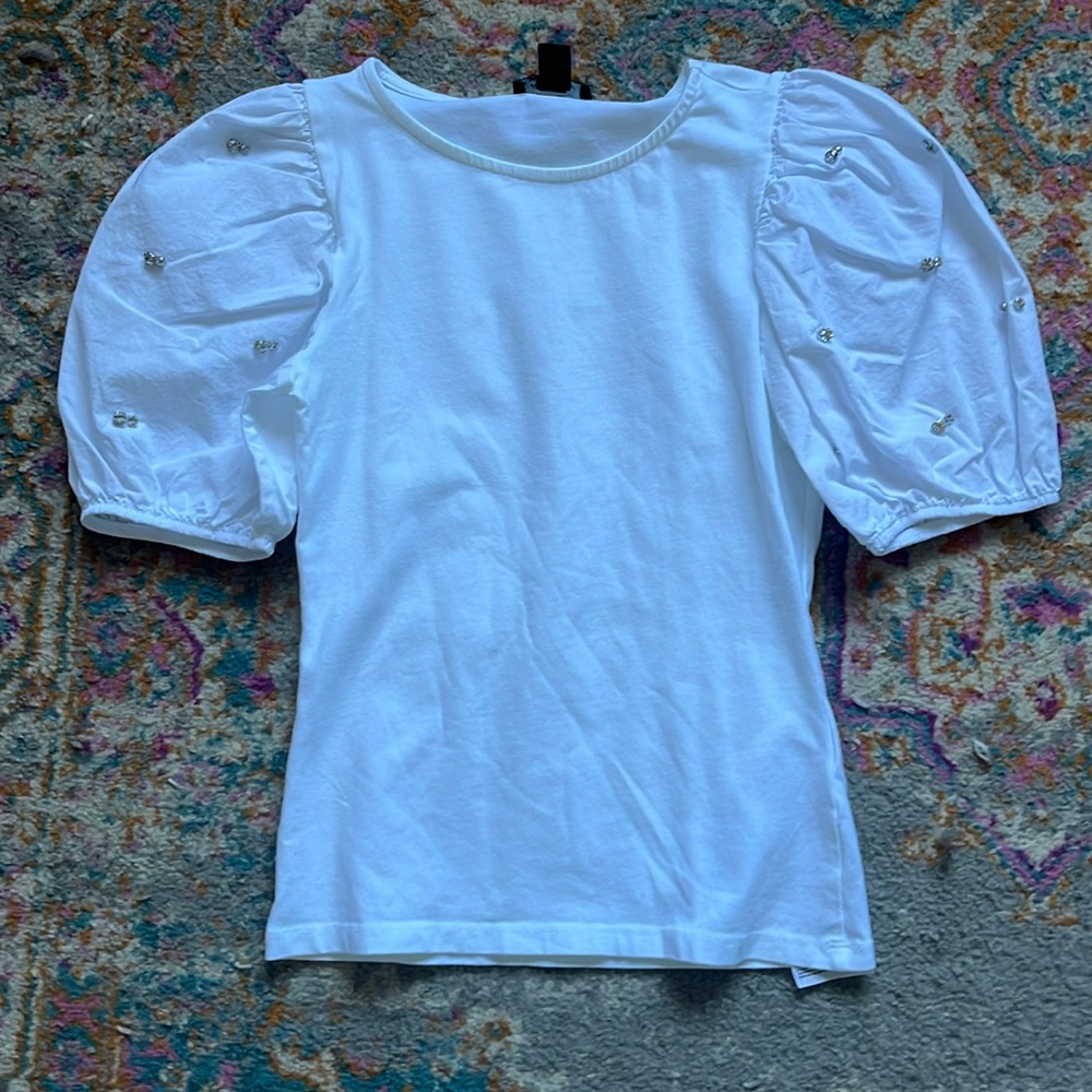 Amisu white fitted puffy sleeve t shirt with jewels